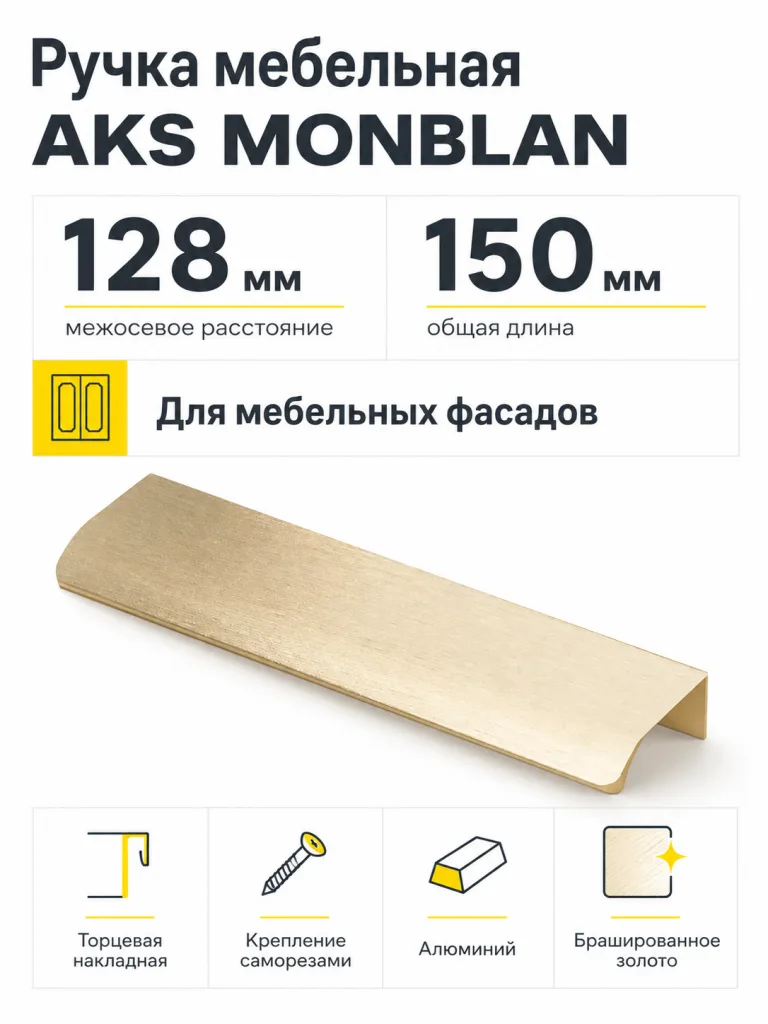 Ручка меб. накладная алюм. MONBLAN 128/150 брашированное золото, AKS