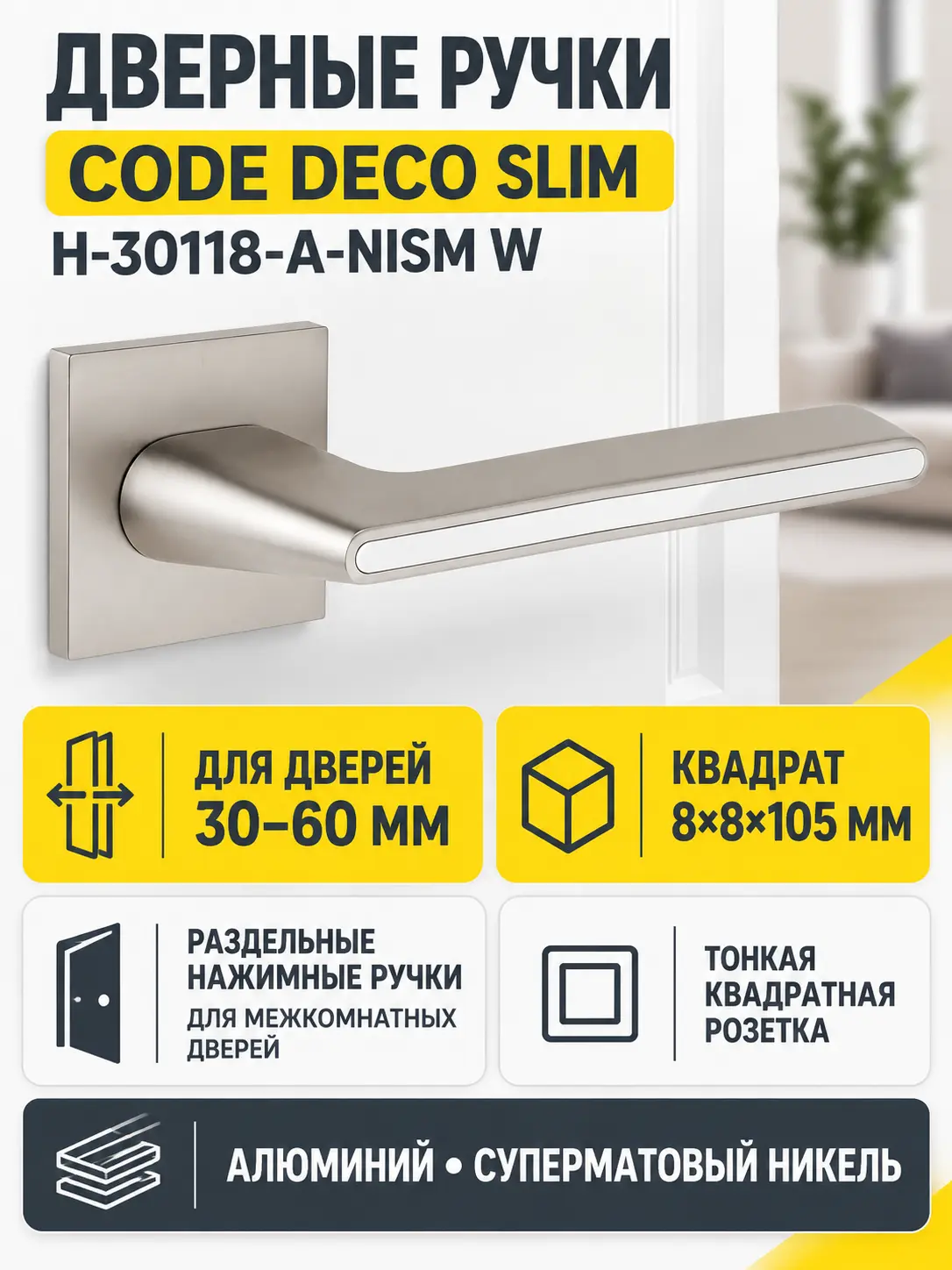 Ручки дверные Code Deco Slim H-30118-A-NISM W