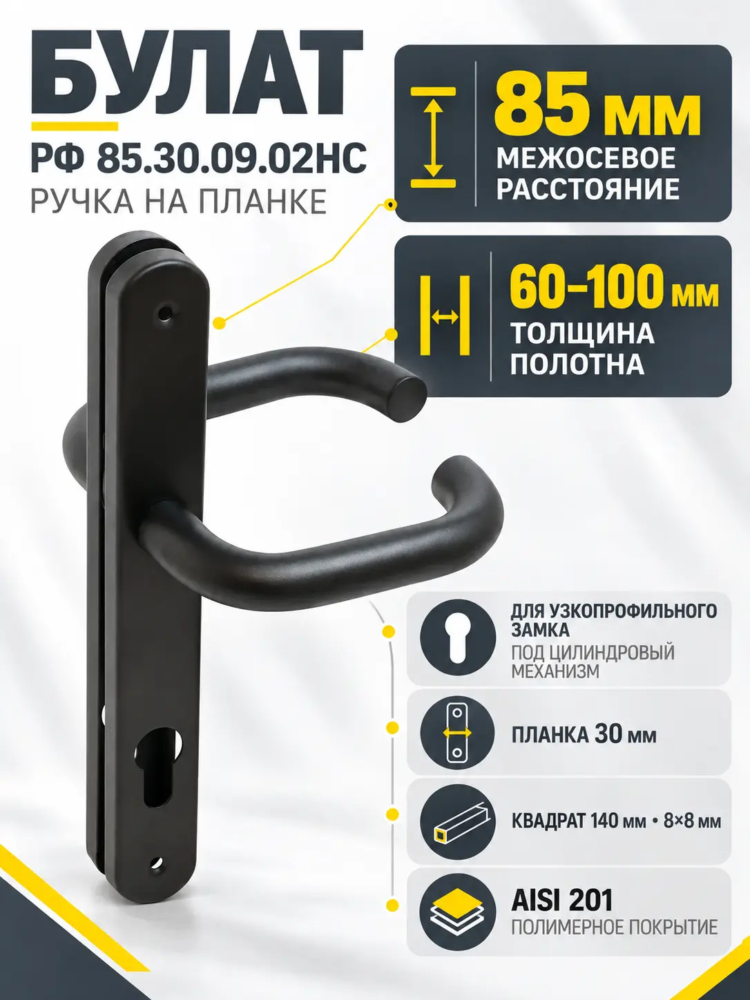 БУЛАТ РФ 85.30.09.02НС черный AISI 201 INOX нержавеющая сталь д узкопроф.замков Ручка на планке