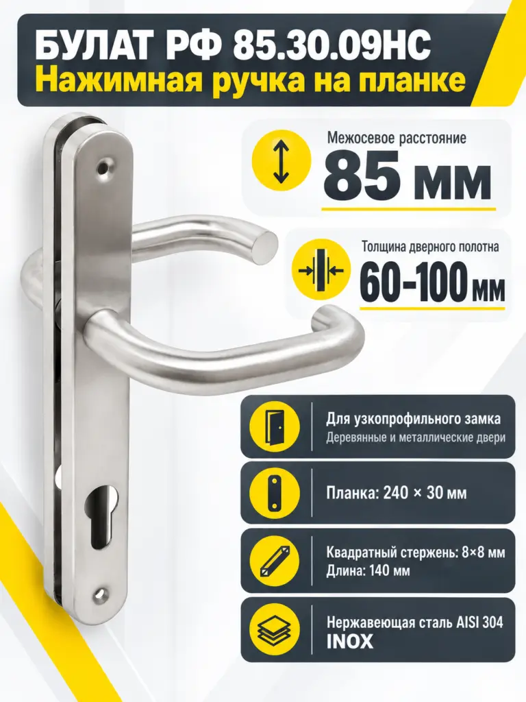 БУЛАТ РФ 85.30.09НС AISI 304 INOX нержавеющая сталь д узкопроф.замков Ручка на планке