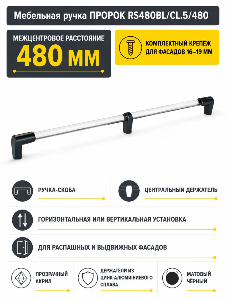 Мебельная ручка ПРОРОК RS480BL/CL.5/480
