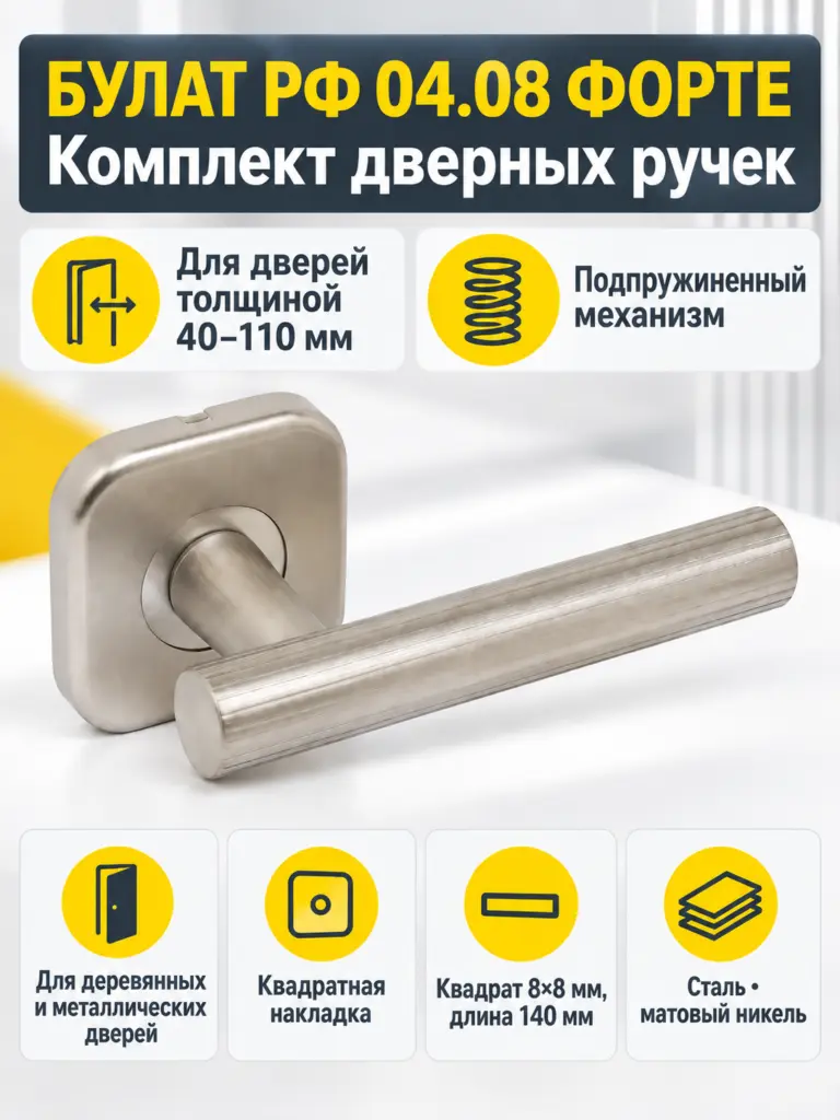 БУЛАТ РФ 04.08 ФОРТЕ матовый никель Комплект ручек для металлических дверей