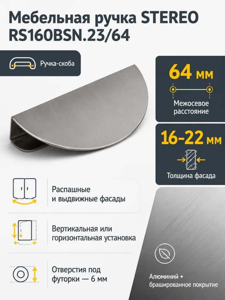 Мебельная ручка STEREO RS160BSN.23/64