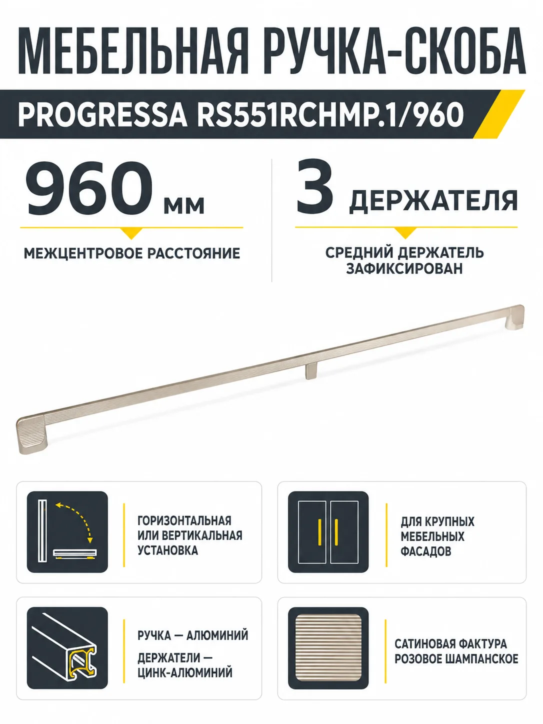 Мебельная ручка PROGRESSA RS551RCHMP.1/960