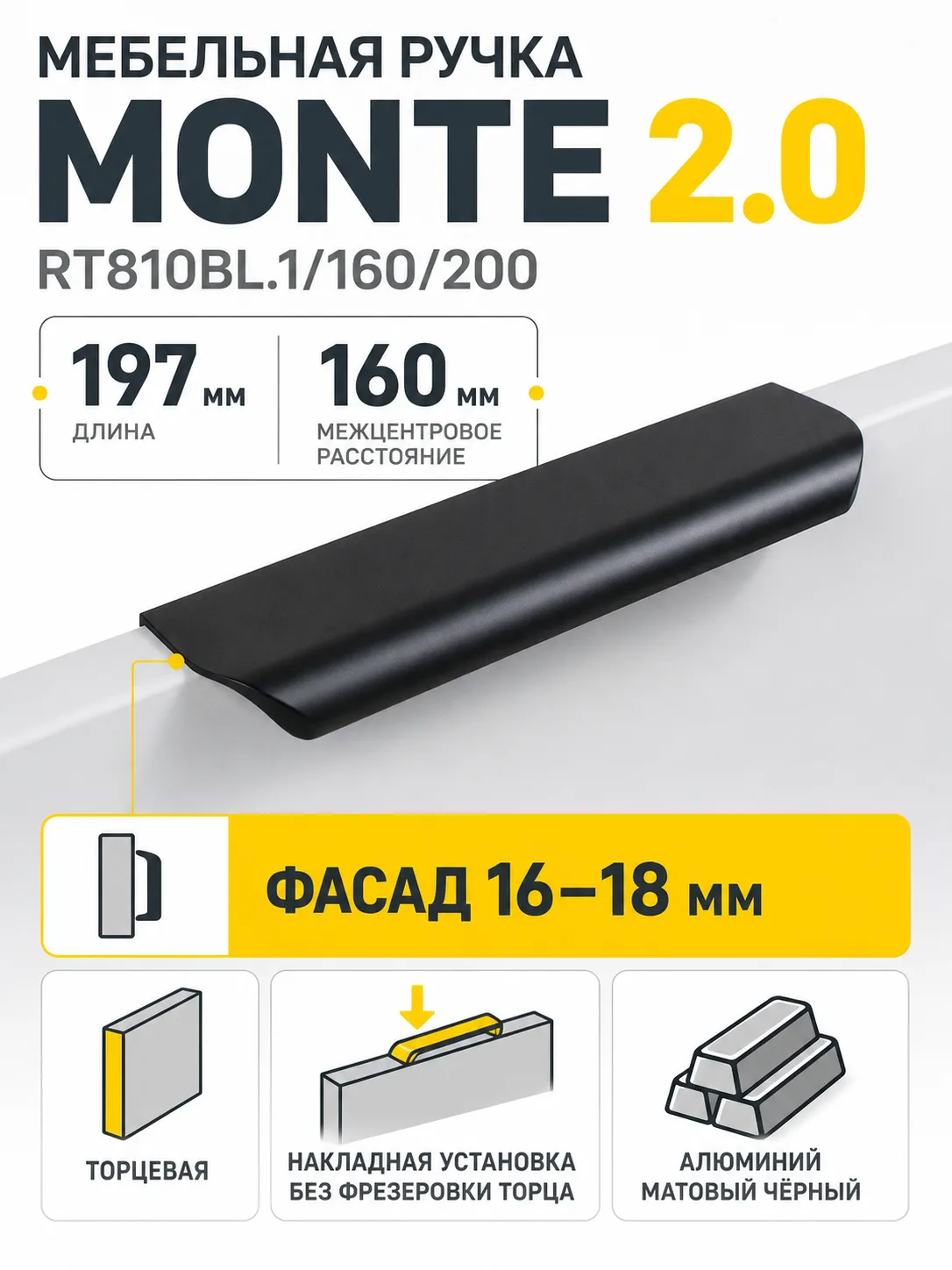 Мебельная ручка MONTE 2.0 RT810BL.1/160/200