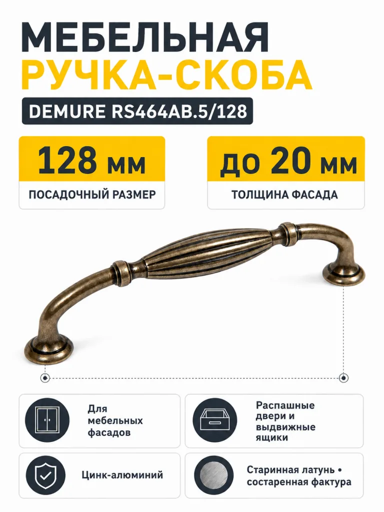 Мебельная ручка DEMURE RS464AB.5/128