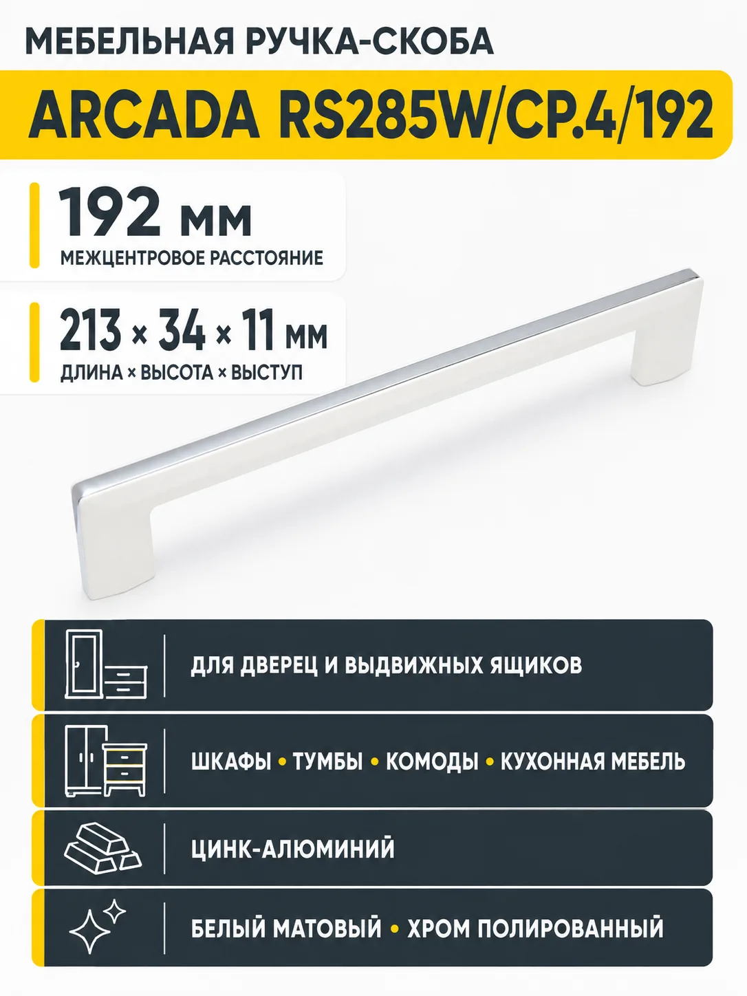 Мебельная ручка ARCADA RS285W/CP.4/192