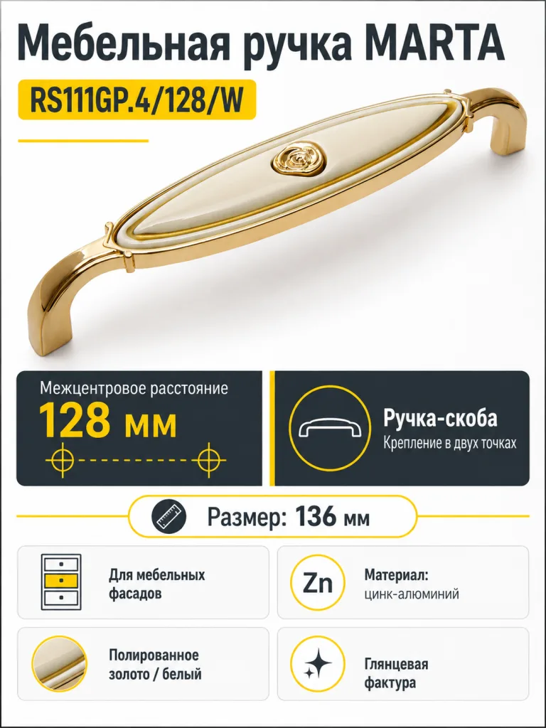 Мебельная ручка MARTA RS111GP.4/128/W
