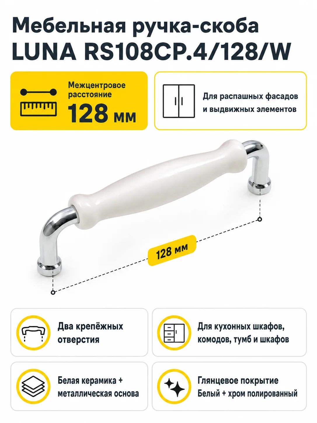 Мебельная ручка LUNA RS108CP.4/128/W