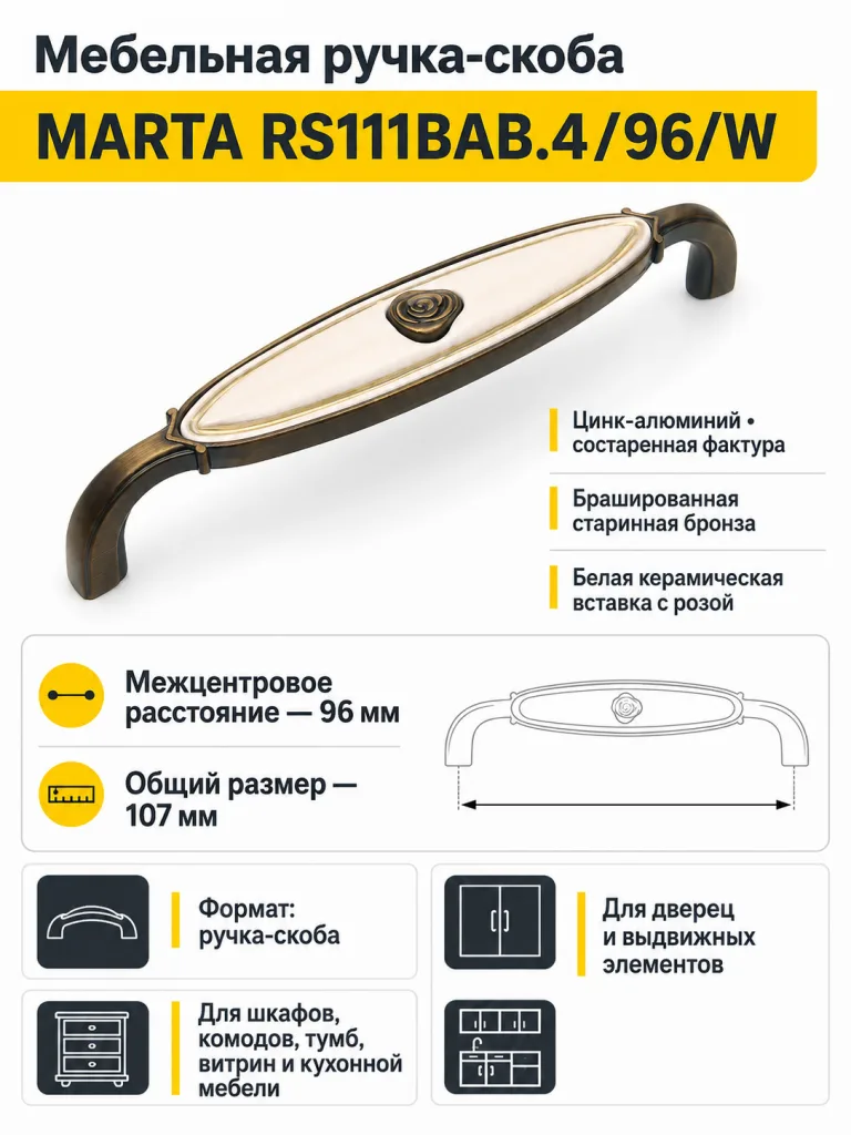 Мебельная ручка MARTA RS111BAB.4/96/W