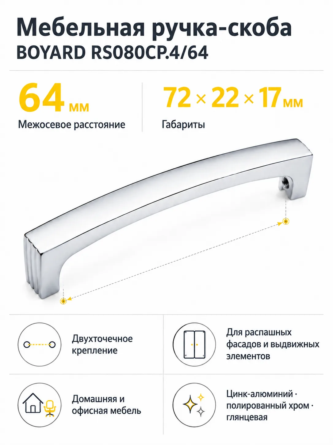 Мебельная ручка RS080CP.4/64
