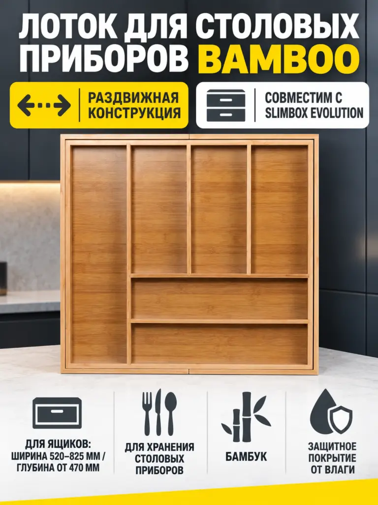Лоток для столовых приборов BAMBOO раздвижной 520-825*470, бамбук табачный AKS