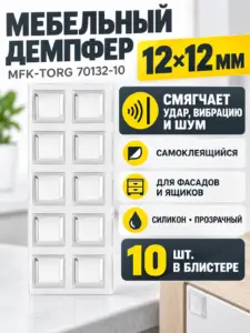 Демпфер силиконовый, 12х12мм, самоклеящийся прозрачный (10шт), БЛИСТЕР 70132-10